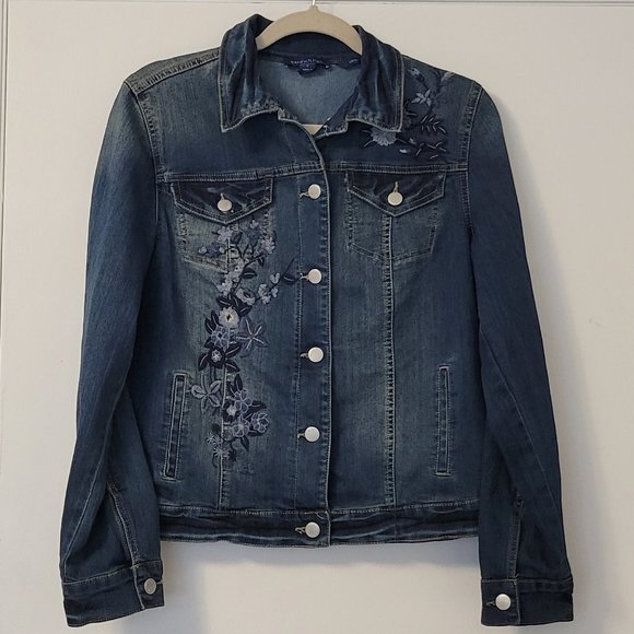 ❣️HP❣️Bandolino "Sarah" Beautiful Floral Embroidered Denim Jean Jacket sz: S - Picture 3 of 8